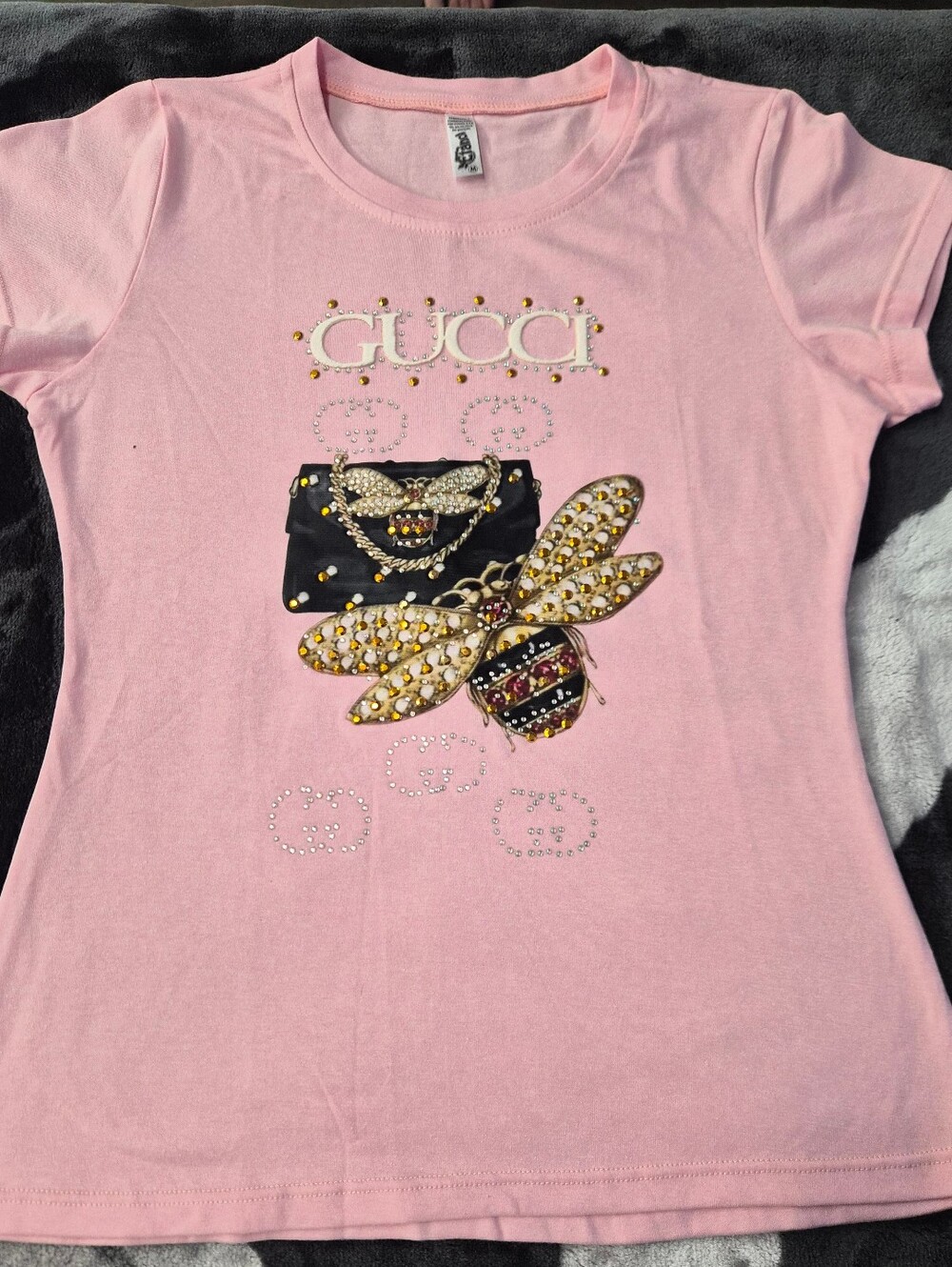 Pink Tee with Embellished Bee and Logo Accents